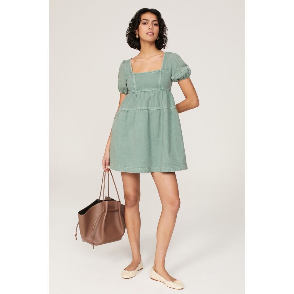 Louna Green Denim Babydoll Square Neck Puff Sleeve Mini Dress Size Small